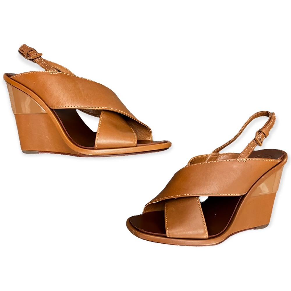 Tory Burch Gabrielle Cross Strap Leather Wedge Half Logo Heeled Sandal Tan